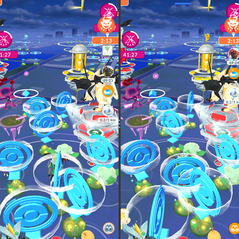 A screenshot of Pokemon Go, showing a screen full of interactable things within the game like PokeStops and Gyms.